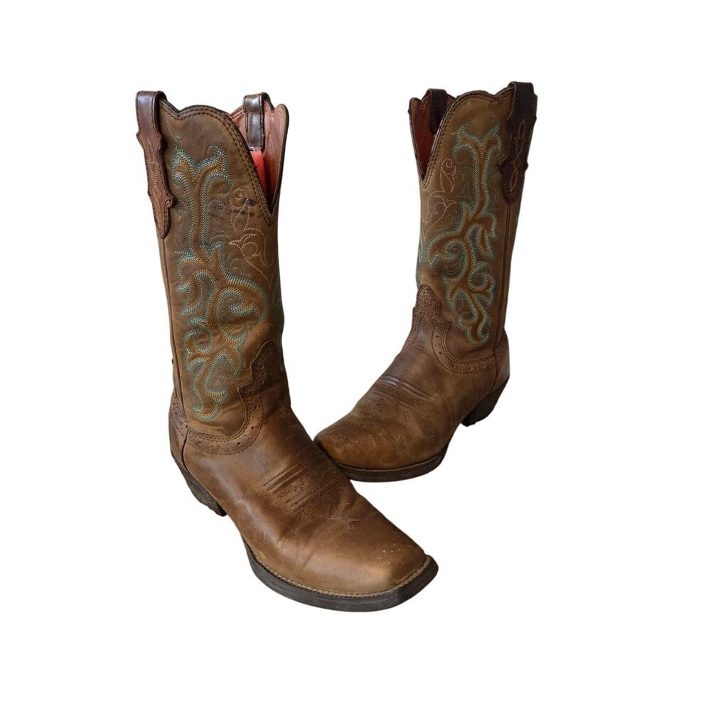 Justin durant stampede wester boot leather brown square toe calf pull on blue 7